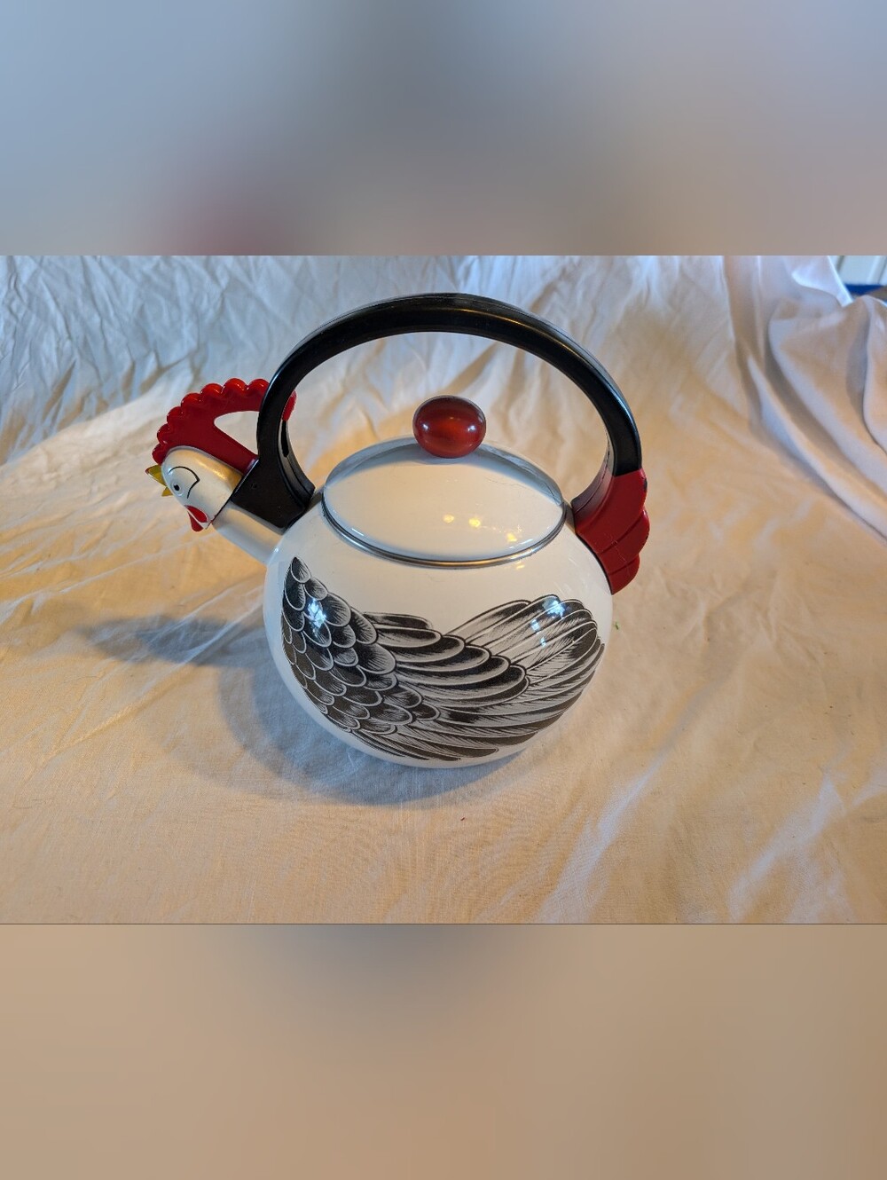 2/80$ Vintage White enamel Rooster kettle with Black Wing Design and Red Accents